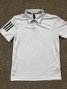 Boys adidas White Polo Shirt with Black Sleeve Stripes